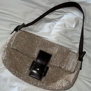 FENDI Leather-Trimmed Gold Beaded Baguette